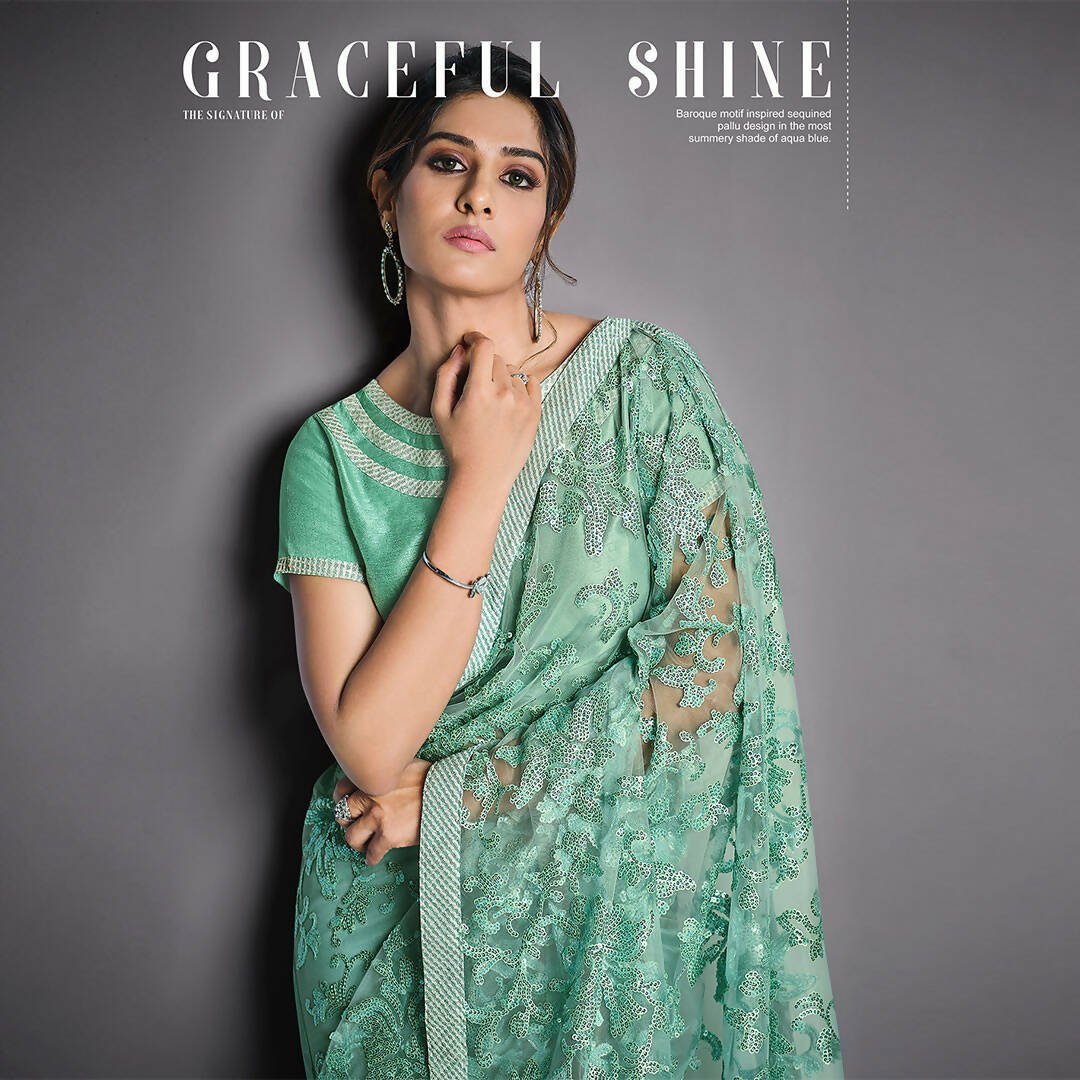 Aqua Green Lycra, Net Raw Silk Sequins Embroidery Saree - Norita Eileen - Distacart