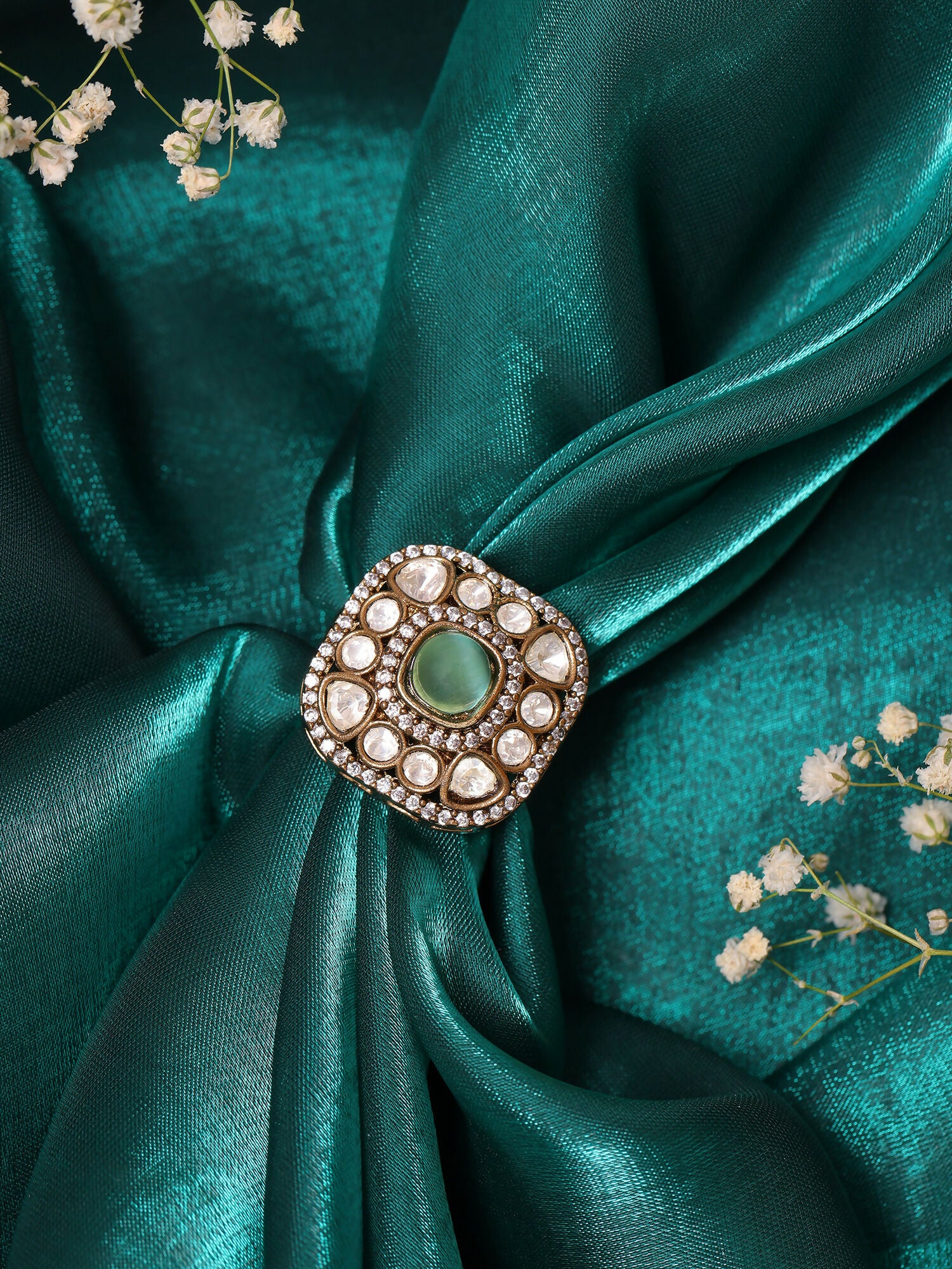 Ruby Raang Gold Polished Green Kundan And Stone Ring