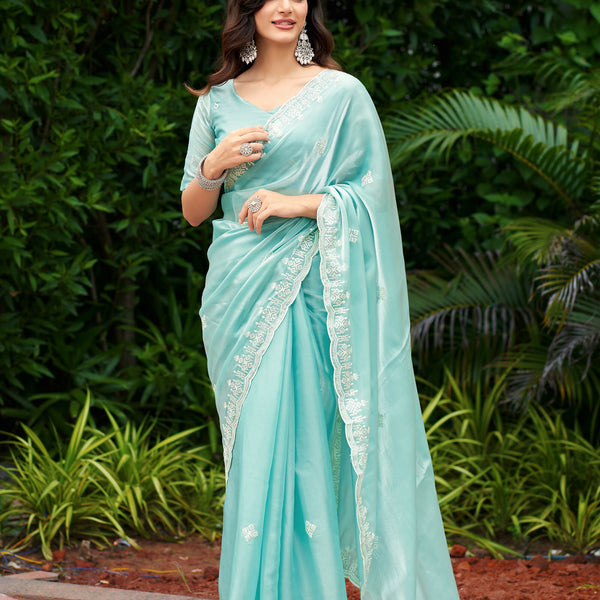 Vastranavya Turquoise Embroidery Work Shimmer Chiffon Saree with Unstitched Blouse