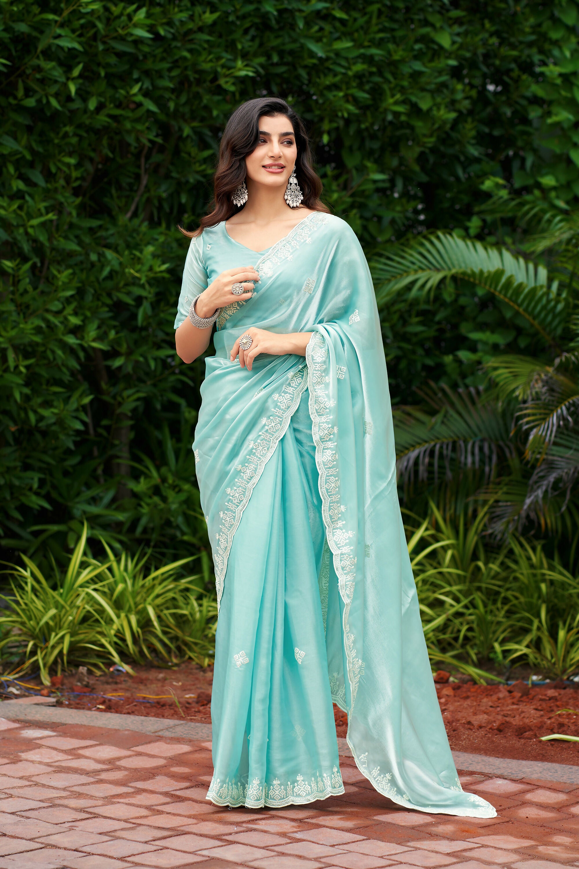 Vastranavya Turquoise Embroidery Work Shimmer Chiffon Saree with Unstitched Blouse