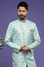 Thumbnail for Raivat Ethnic Banarasi Jacquard Embroidery Semi Indo Western Sherwani In Sky Blue Colour