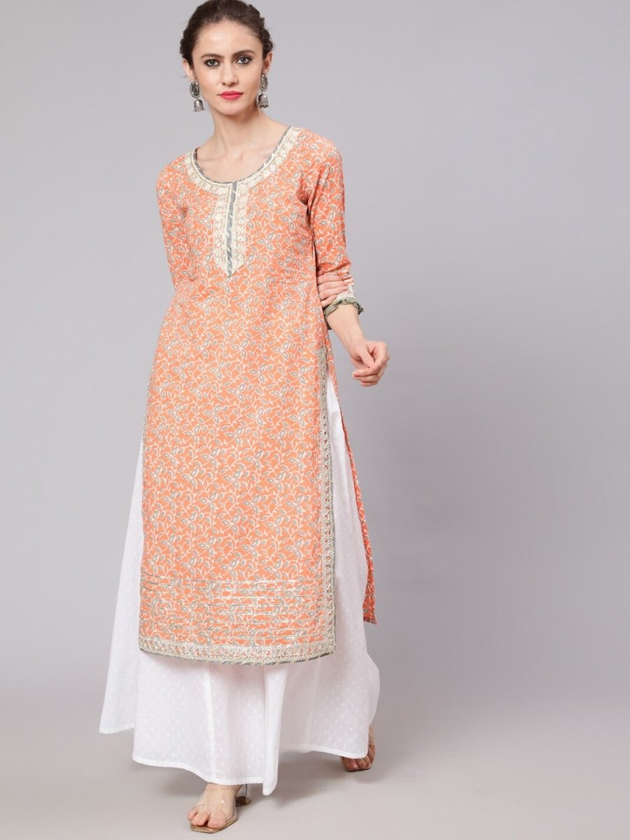 Aks Floral Printed Round Neck Cotton Straight Kurta - Distacart
