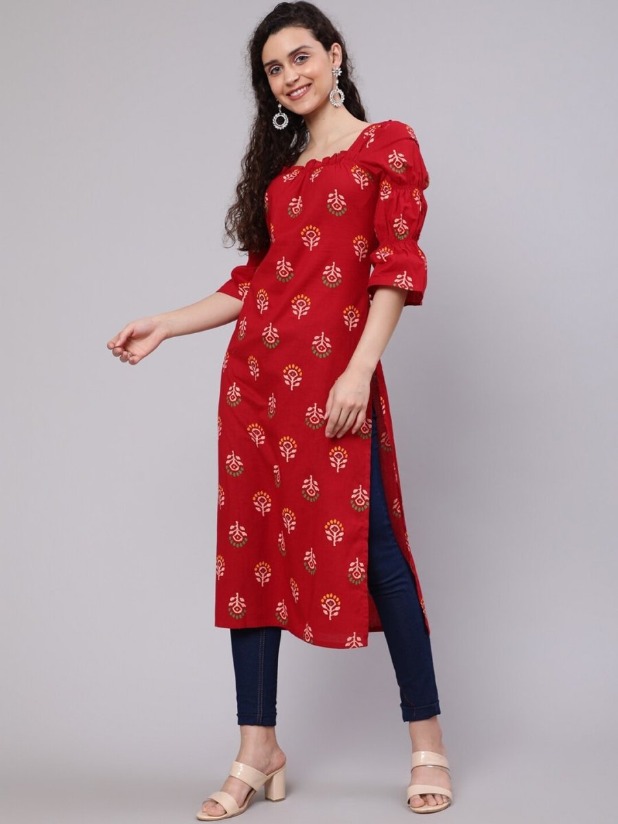Aks Ethnic Motifs Printed Square Neck Puff Sleeves Cotton Kurta - Distacart