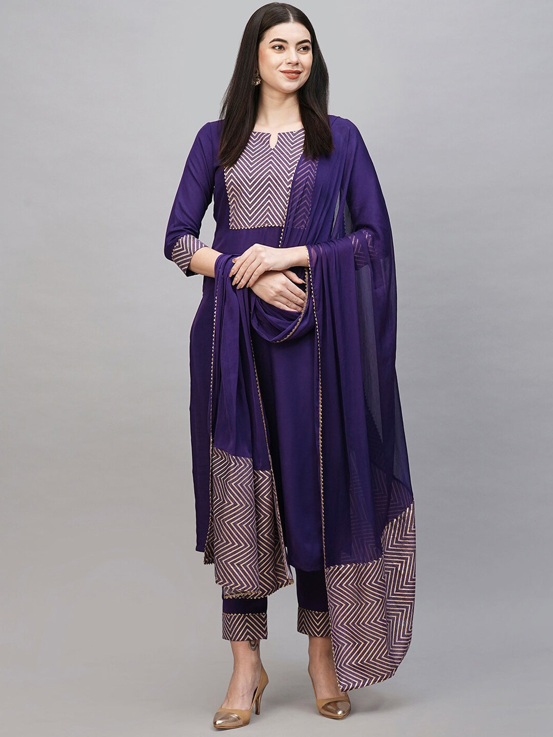 Kalini Geometric Yoke Design Gotta Patti Kurta & Trousers With Dupatta - Distacart