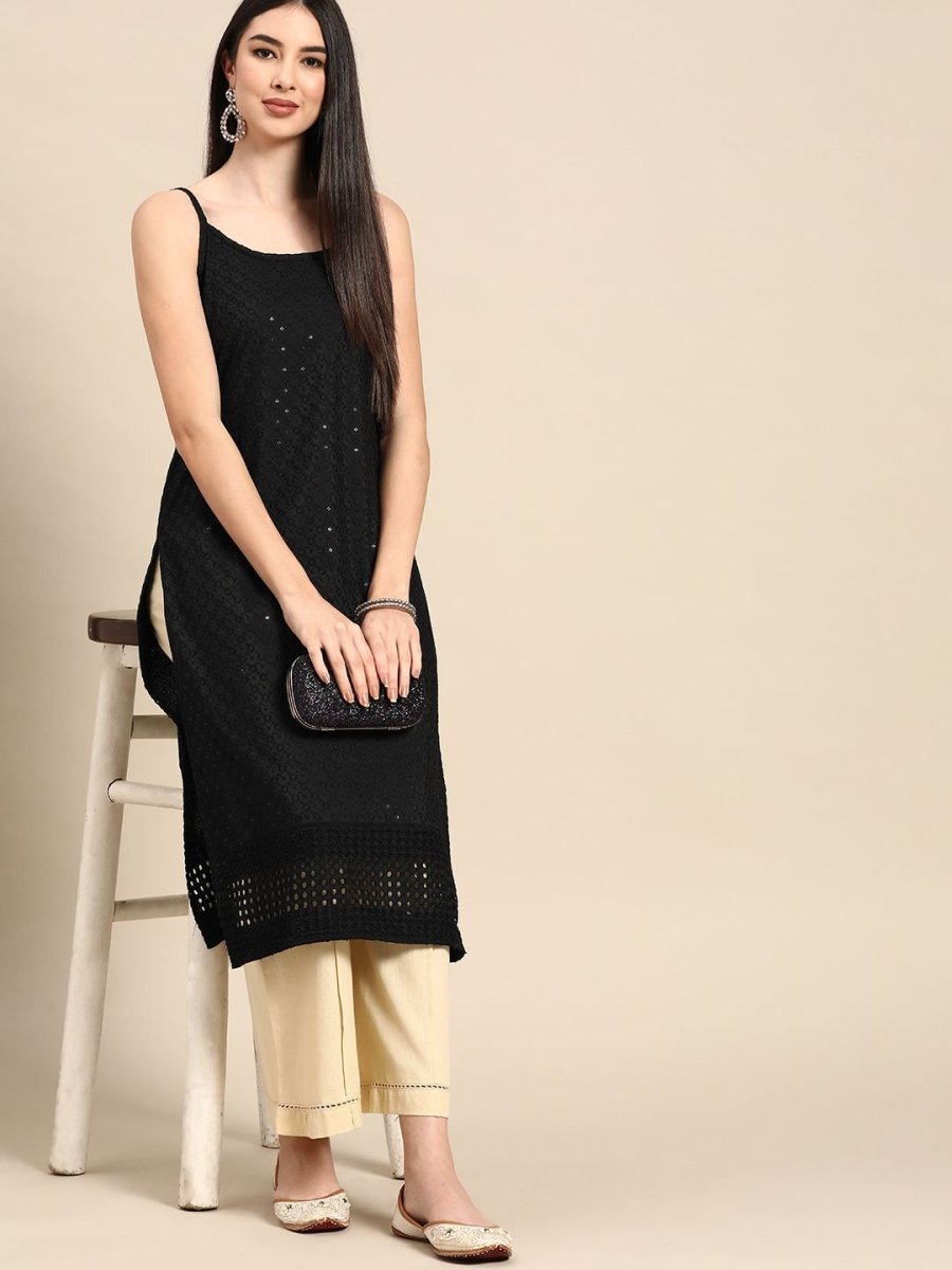 Anouk Women Black Cotton Ethnic Motifs Schiffli Embroidered Fusion Kurta - Distacart
