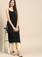 Thumbnail for Anouk Women Black Cotton Ethnic Motifs Schiffli Embroidered Fusion Kurta - Distacart