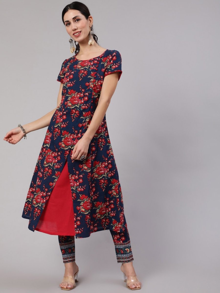 Aks Floral Printed Round Neck A-Line Kurta - Distacart