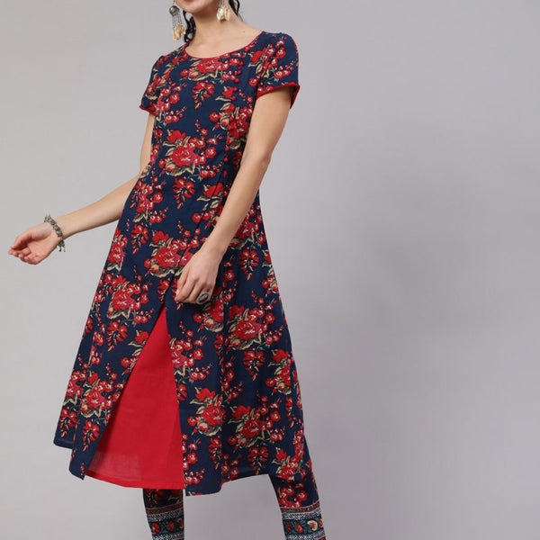 Aks Floral Printed Round Neck A-Line Kurta - Distacart