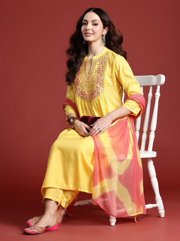 Indo Era Women Embroidered Panelled Mirror Work Pure Cotton Kurta with Trousers & Dupatta