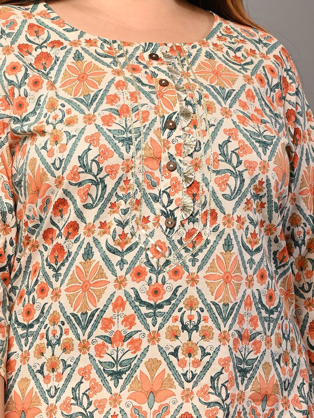 Swasti Women Beige Ethnic Motifs Printed Flared Sleeves Thread Work Floral Kurta