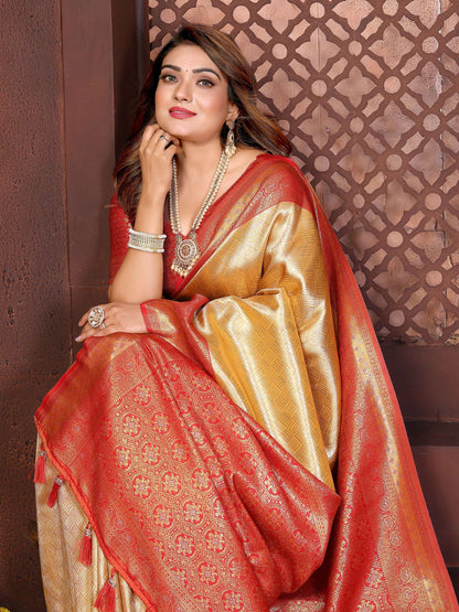Aastha Fashion Cream Tissue Silk Woven Saree - Distacart