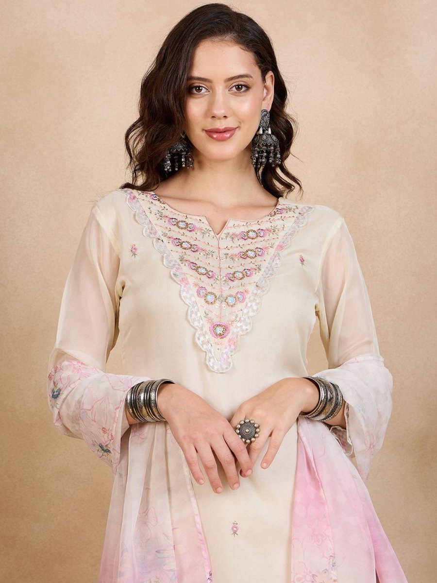 Anouk Off White Ethnic Motifs Embroidered Embellished Kurta With Trousers & Dupatta - Distacart