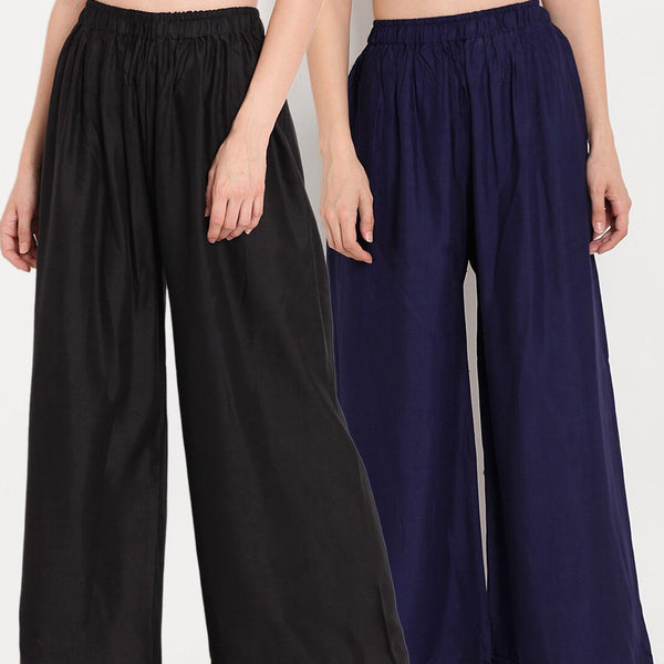 TAG 7 Women Black & Navy Blue Set of 2 Flared Ethnic Palazzos - Distacart