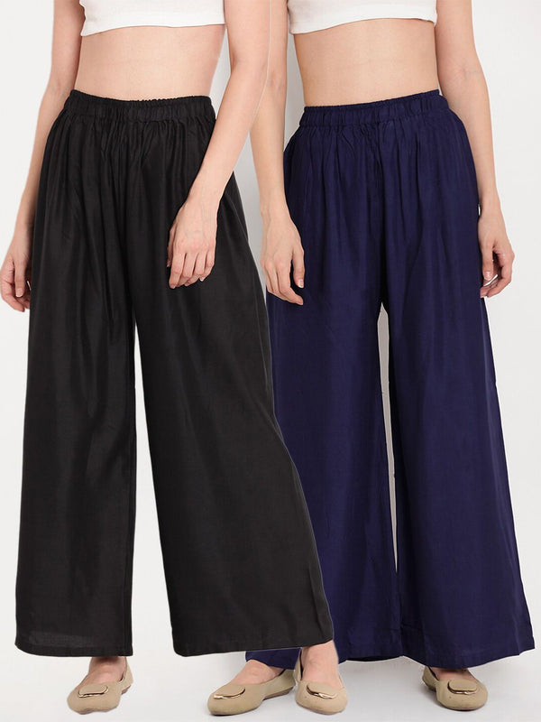 TAG 7 Women Black & Navy Blue Set of 2 Flared Ethnic Palazzos