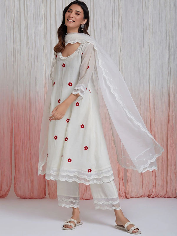 Kalini Floral Embroidered A-Line Thread Work Kurta With Palazzos & Dupatta - Distacart