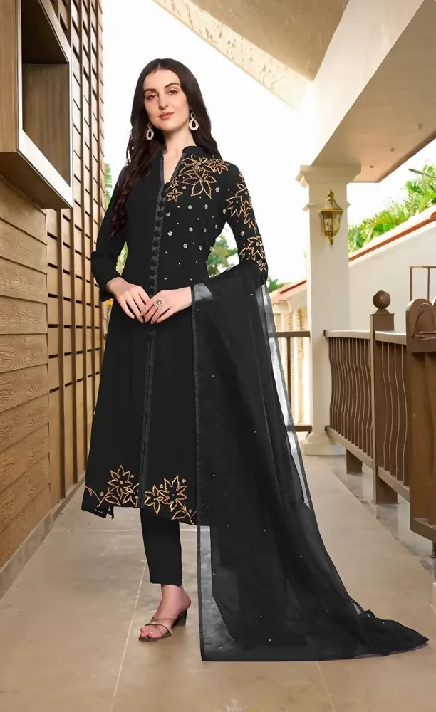 Nikhaar Black Embroidered Georgette Straight Cut Readymade Pakistani Suit