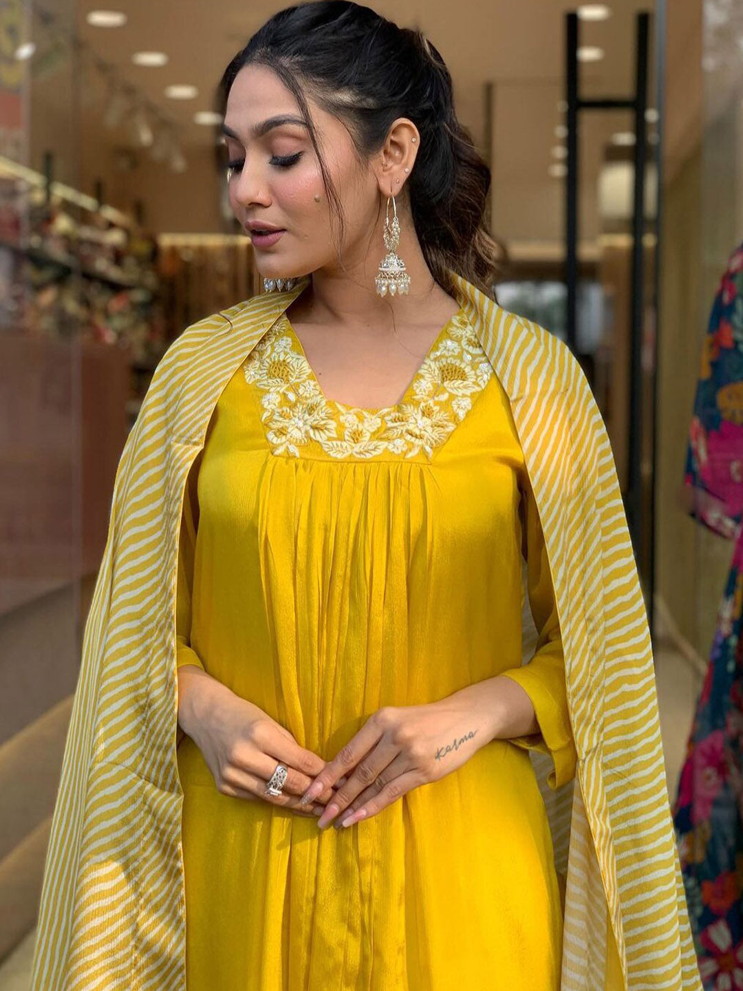 Kalini Embroidered Silk Chiffon Kurta With Trousers & Dupatta - Distacart