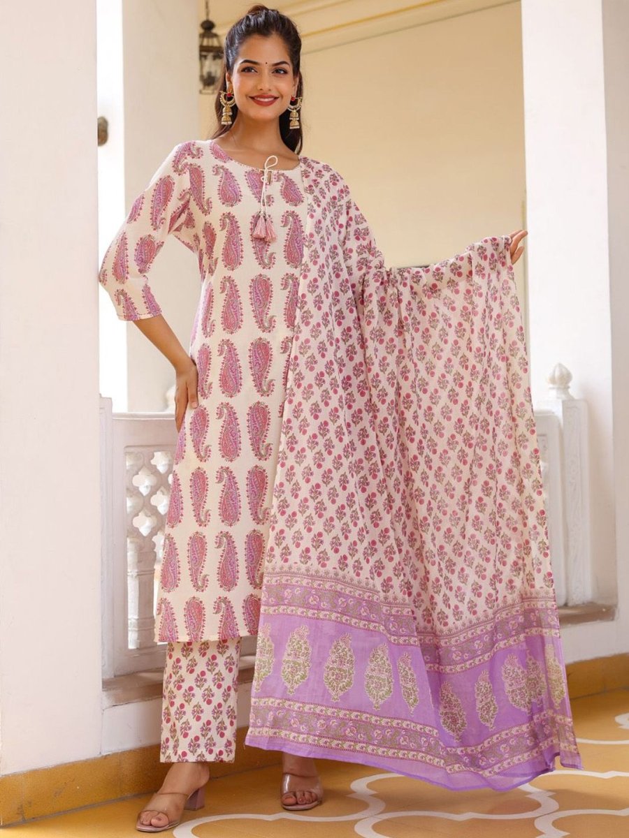 Anouk Paisley Printed Tie-Up Neck Pure Cotton Straight Kurta With Trousers & Dupatta - Distacart