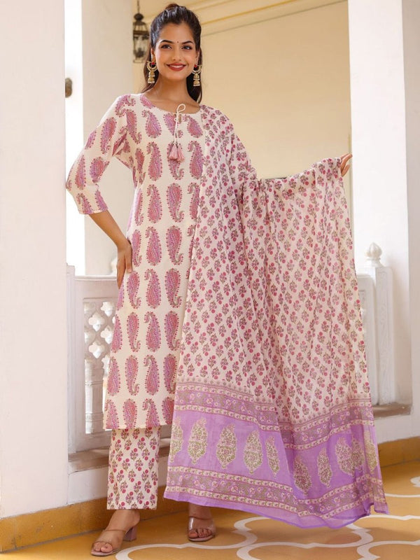 Anouk Paisley Printed Tie-Up Neck Pure Cotton Straight Kurta With Trousers & Dupatta