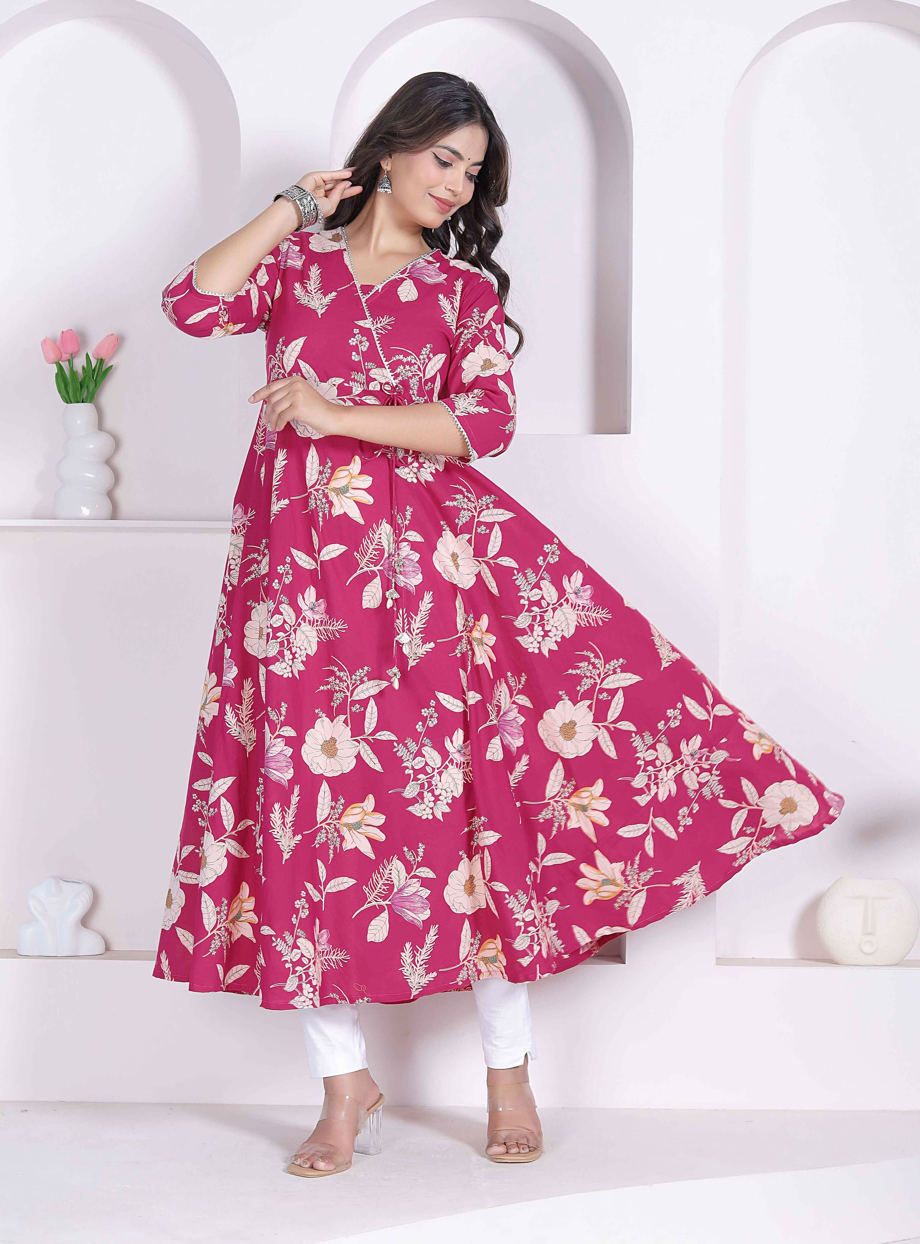 Miravan Womens Pink Floral Printed Angrakha Kurta - Dista