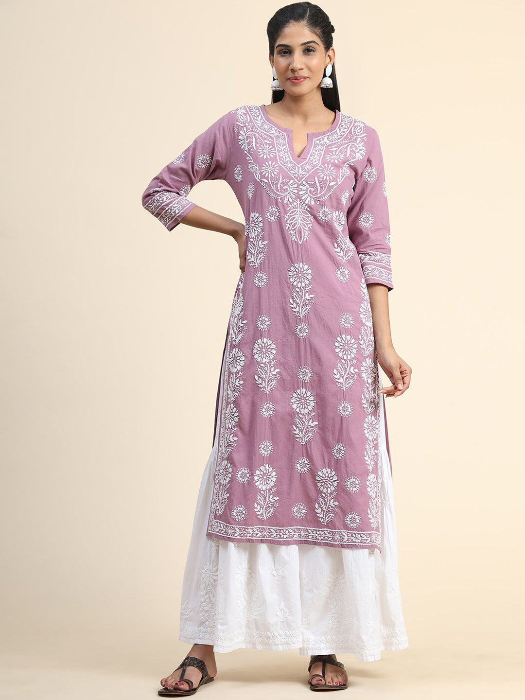HOUSE OF KARI Floral Embroidered Chikankari Cotton Kurta - Distacart