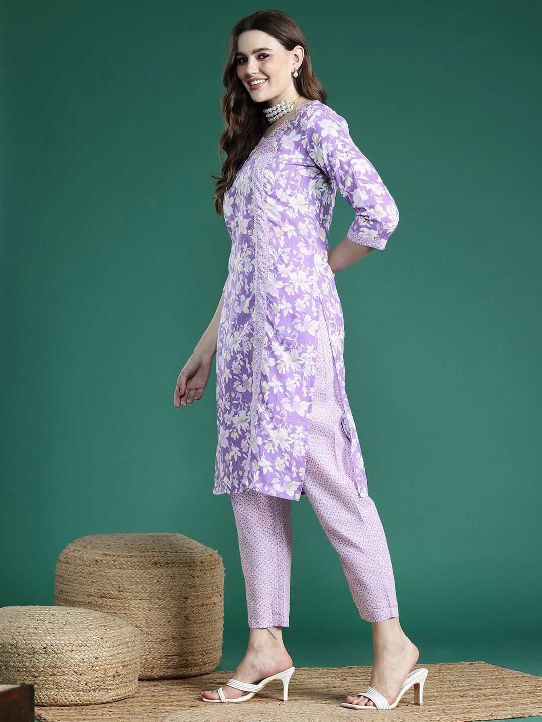 Sangria Floral Printed Angrakha Thread Work Pure Cotton Kurta with Trousers & With Dupatta
