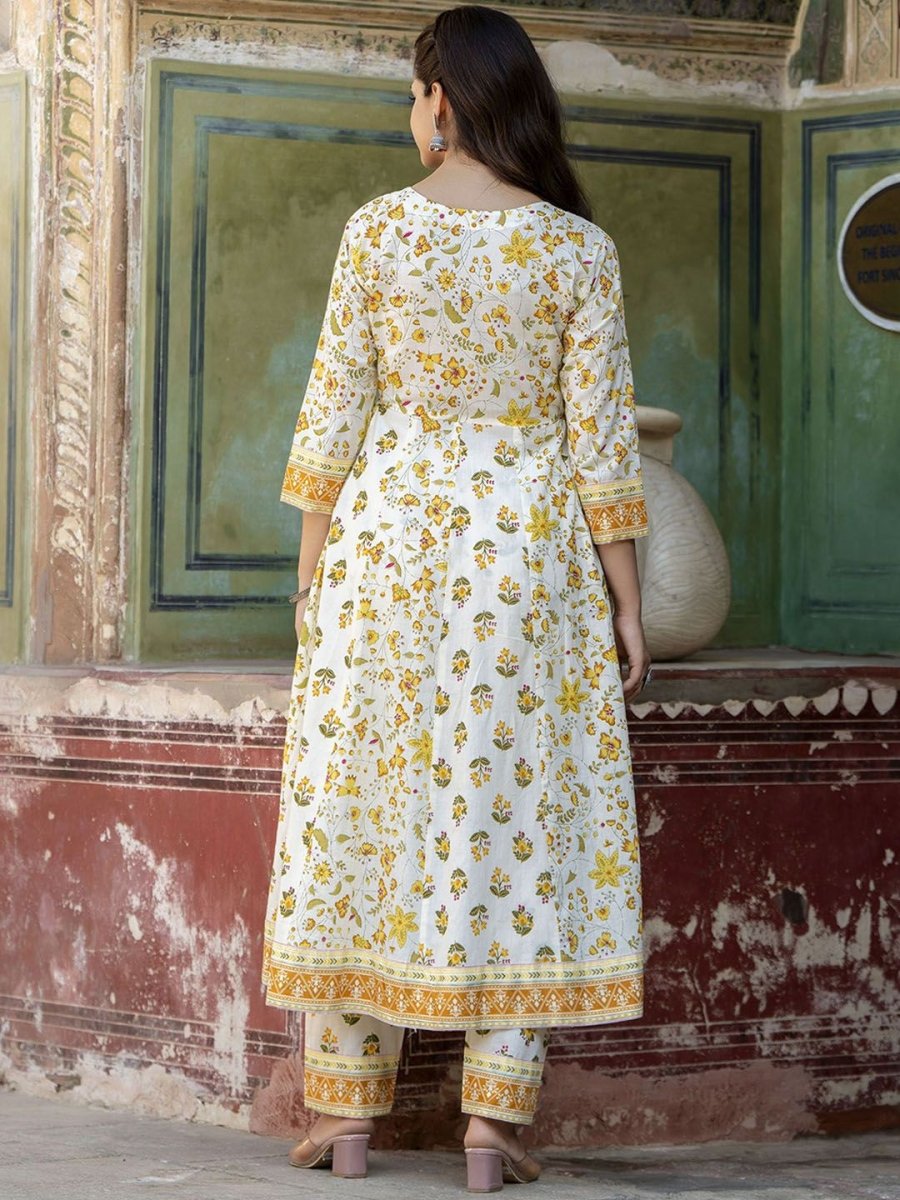Anouk White Floral Printed Thread Work Pure Cotton Anarkali Kurta With Trouser & Dupatta