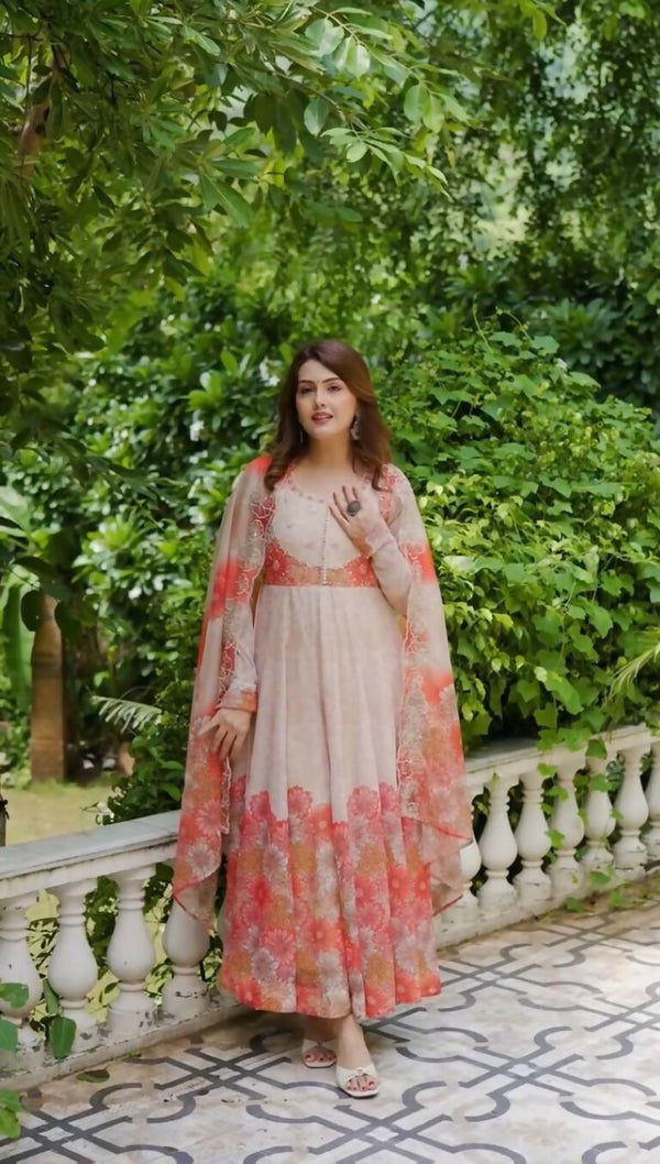 Teeya Creation Multi Color Organza Silk With Digital print With Embroidery Gown