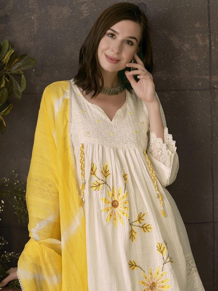 Anouk Embroidered Pleated Chikankari Pure Cotton A-Line Kurta With Trousers & Dupatta - Distacart