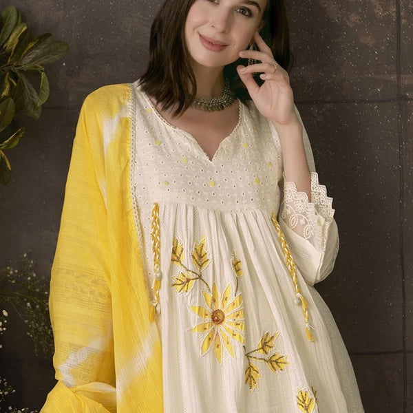 Anouk Embroidered Pleated Chikankari Pure Cotton A-Line Kurta With Trousers & Dupatta - Distacart