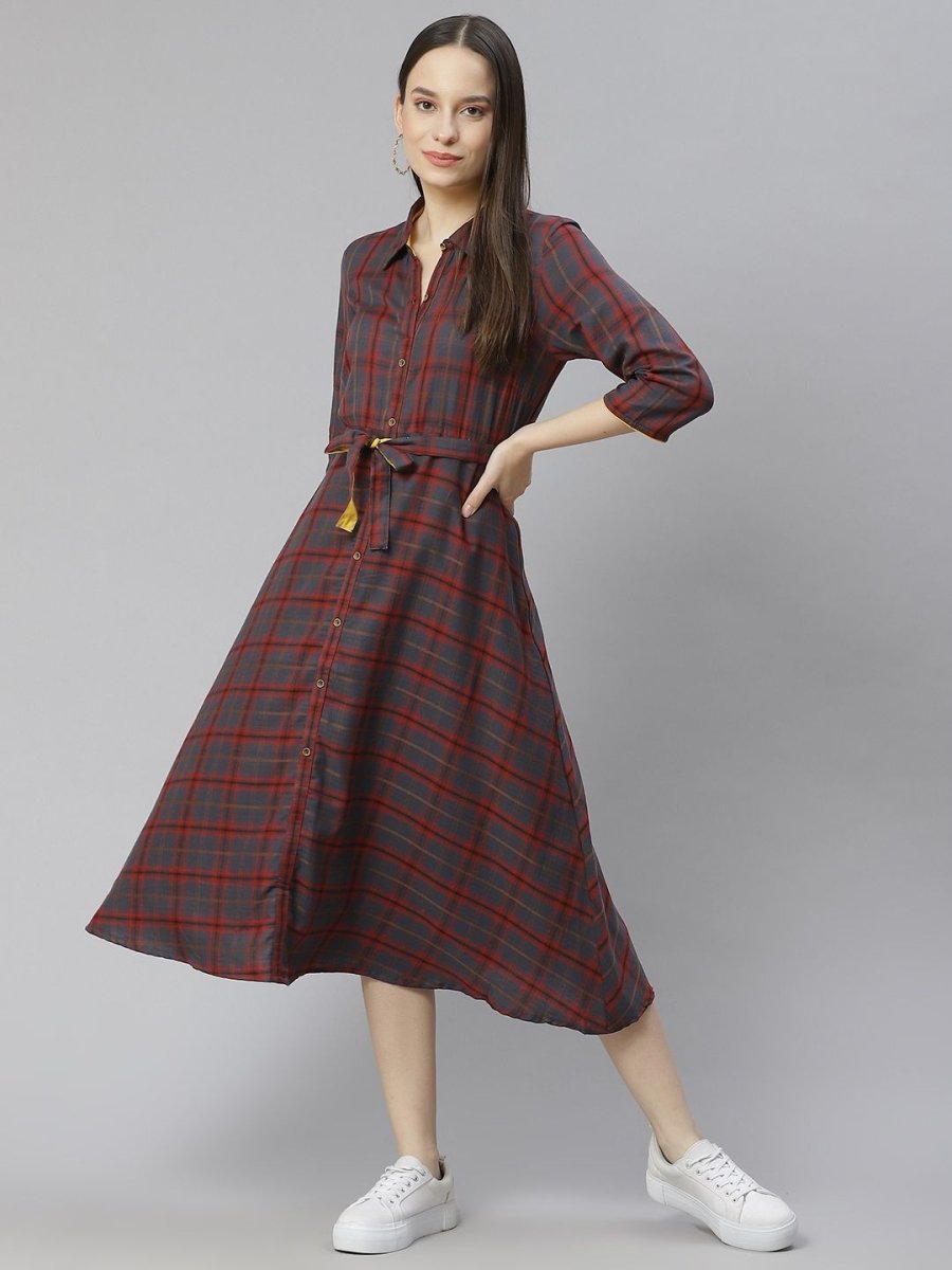 AURELIA Navy Blue & Maroon Checked Shirt Cotton Dress with Belt - Distacart
