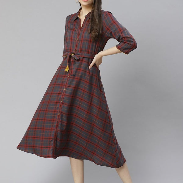 AURELIA Navy Blue & Maroon Checked Shirt Cotton Dress with Belt - Distacart