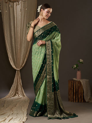 Anouk Green & Gold-Toned Woven Design Zari Pure Georgette Kanjeevaram Saree - Distacart