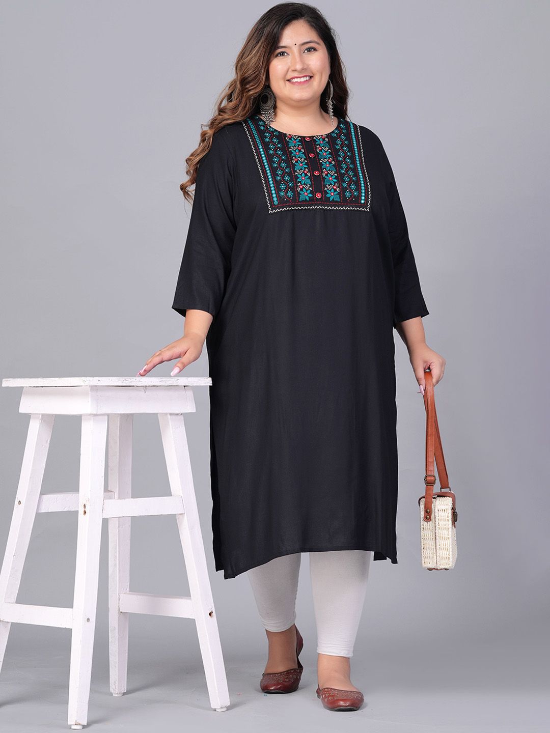 Sztori Plus Size Floral Embroidered Yoke Mirror Work Straight Kurta - Distacart