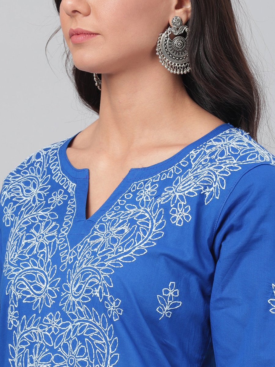 ADA Women Blue & White Chikankari Hand-Embroidered Straight Sustainable Handloom Kurta - Distacart