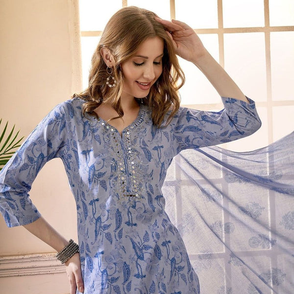 Anouk Blue Floral Embroidered Mirror Work V-Neck Pure Cotton Kurta With Trousers & Dupatta - Distacart