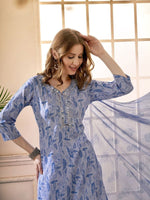 Thumbnail for Anouk Blue Floral Embroidered Mirror Work V-Neck Pure Cotton Kurta With Trousers & Dupatta
