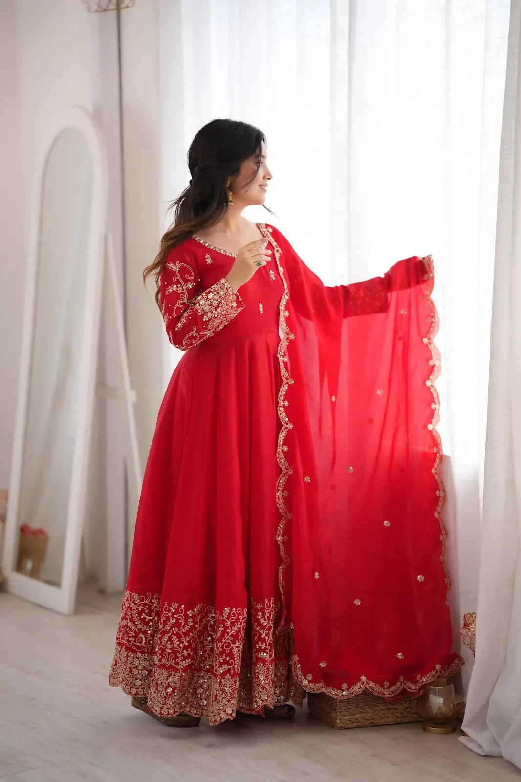 Teeya Creation Designer Red Heavy Embroidery Work Anarkali Suit with Dupatta