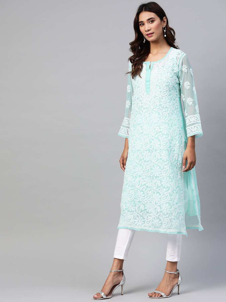 ADA Women Turquoise Blue & White Chikankari Embroidered Sustainable Handloom Kurta with Trousers & Inner - Distacart