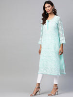 Thumbnail for ADA Women Turquoise Blue & White Chikankari Embroidered Sustainable Handloom Kurta with Trousers & Inner - Distacart