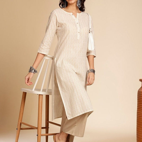 Anouk Off White Printed Mandarin Collar Cotton Straight Kurta - Distacart