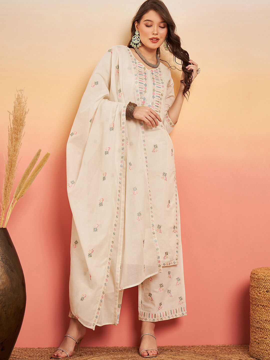 Sangria Floral Embroidered Pure Cotton Straight Kurta Set - Distacart