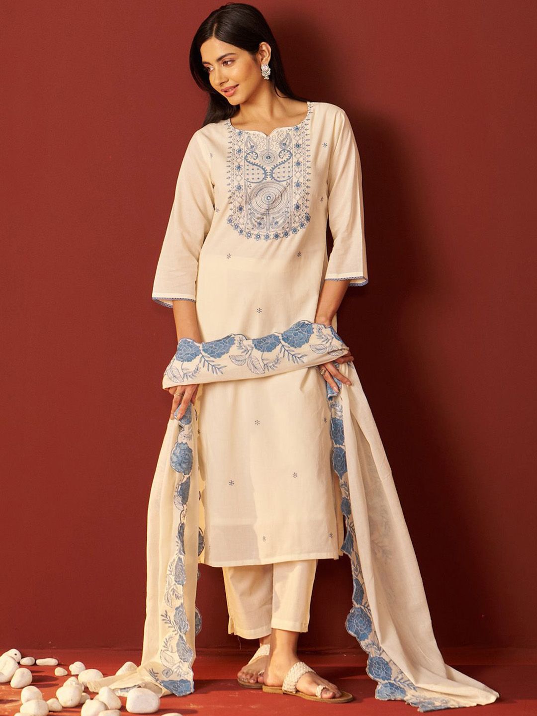 Indo Era Paisley Embroidered Thread Work Pure Cotton Kurta With Trousers And Dupatta