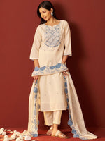 Thumbnail for Indo Era Paisley Embroidered Thread Work Pure Cotton Kurta With Trousers And Dupatta