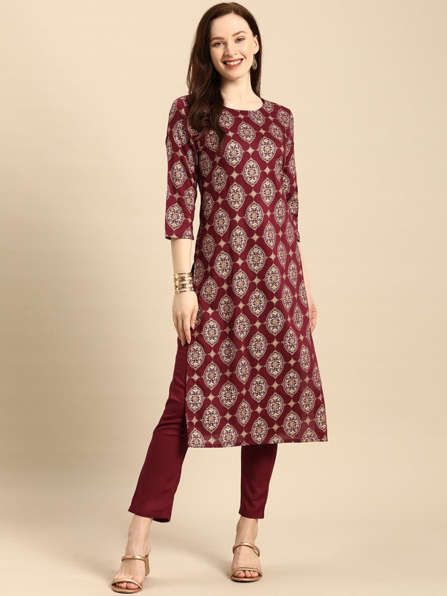 All About You Women Maroon Printed Kurta with Trousers - Distacart
