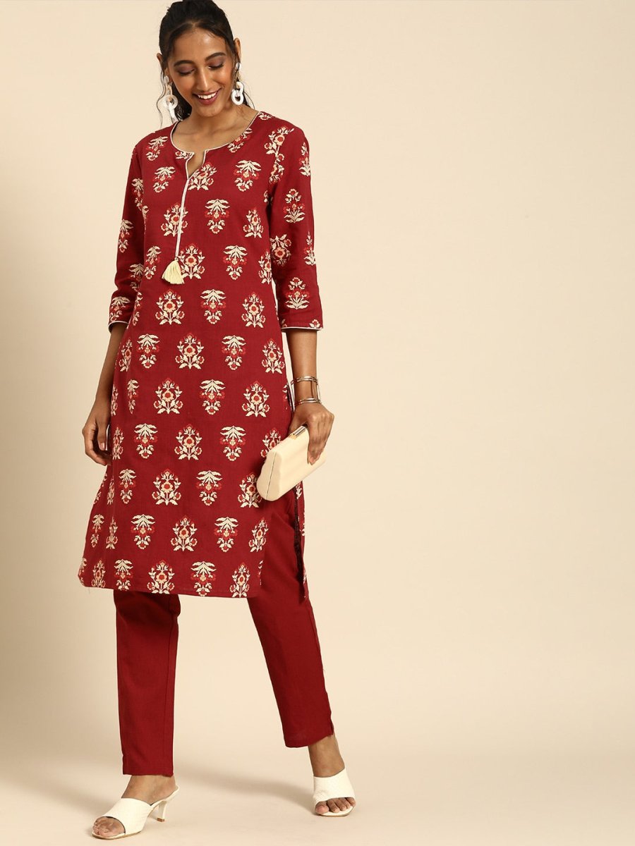 All About You Women Red Floral Printed Pure Cotton Regular Kurta with Trousers - Distacart
