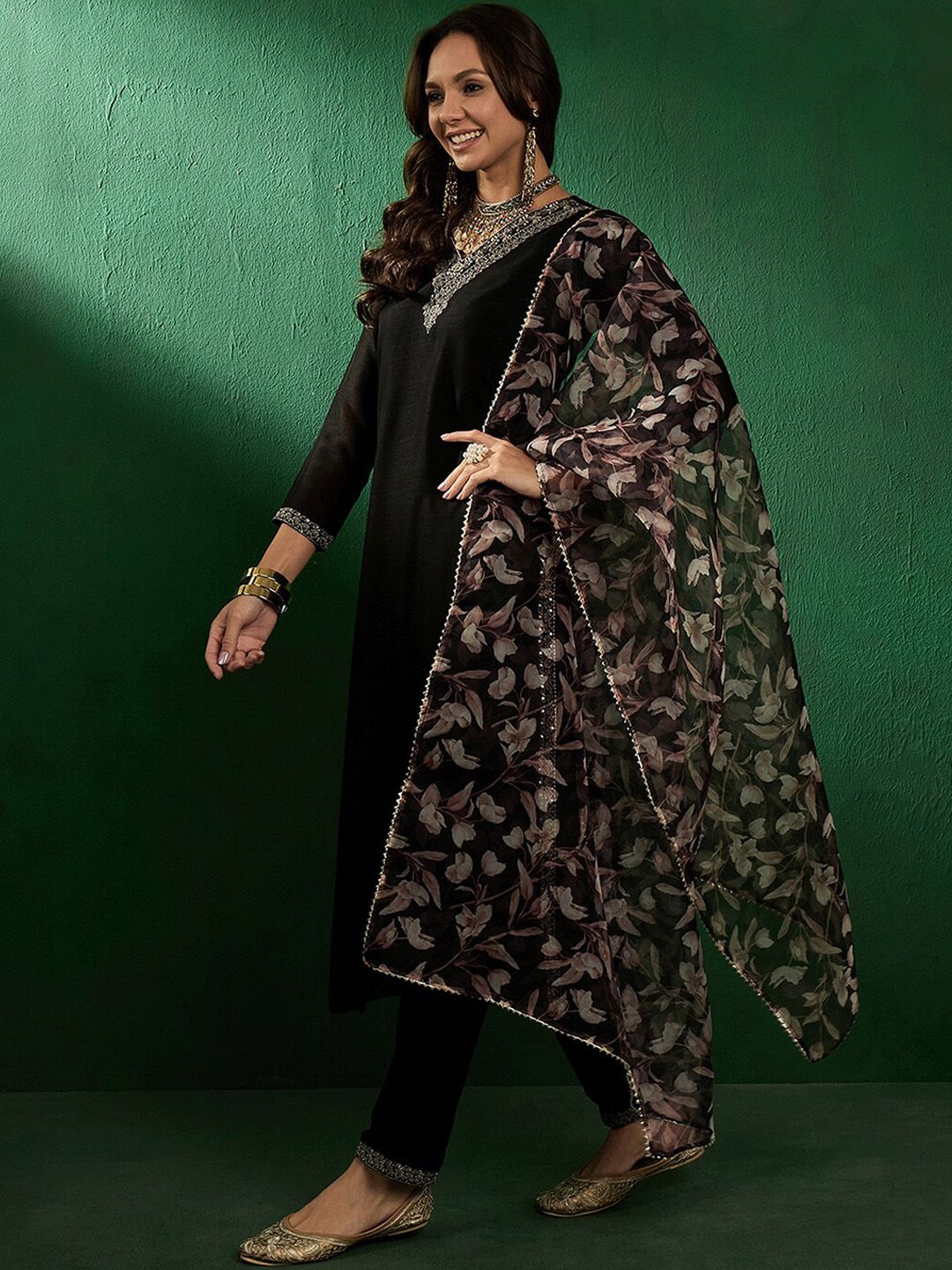 Sangria Floral Embroidered Straight Kurta With Trouser & Dupatta