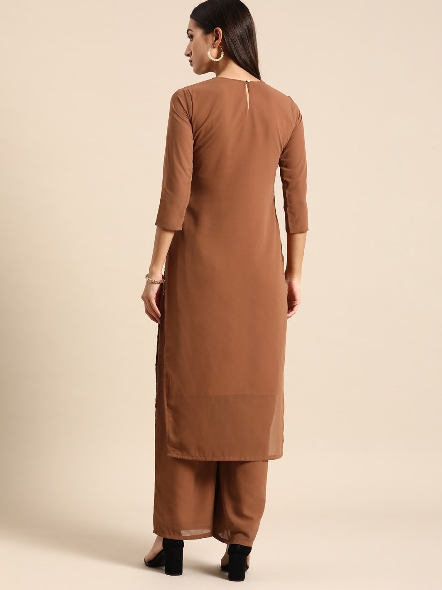 All About You Women Brown Ethnic Motifs Embroidered Chikankari Kurta with Palazzos - Distacart