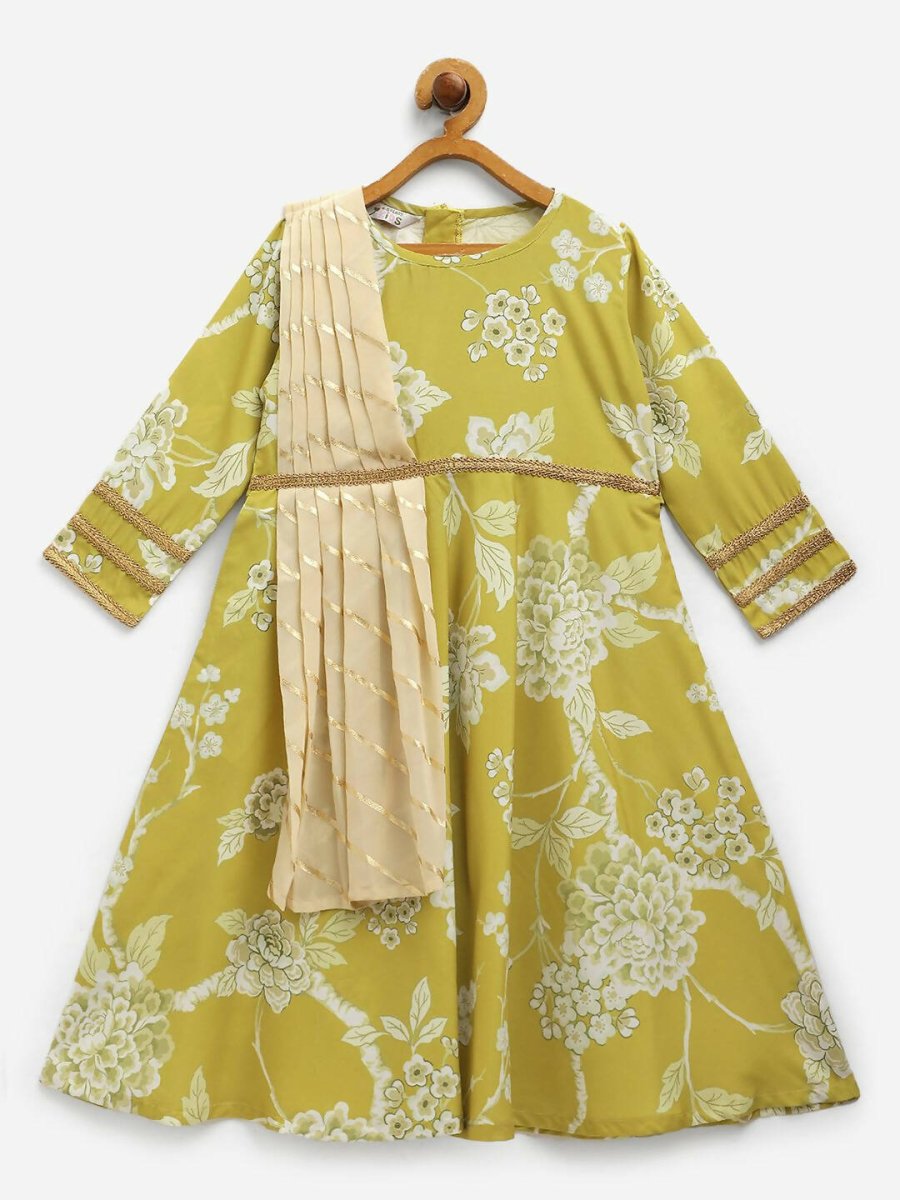 Ahalyaa Lemon Yellow Crepe Digital Print Kids Kurta With Dupatta Set For Girls - Distacart