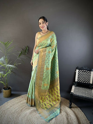 Joban Fashion Banarasi Light Green Woven Woven Soft Silk Saree